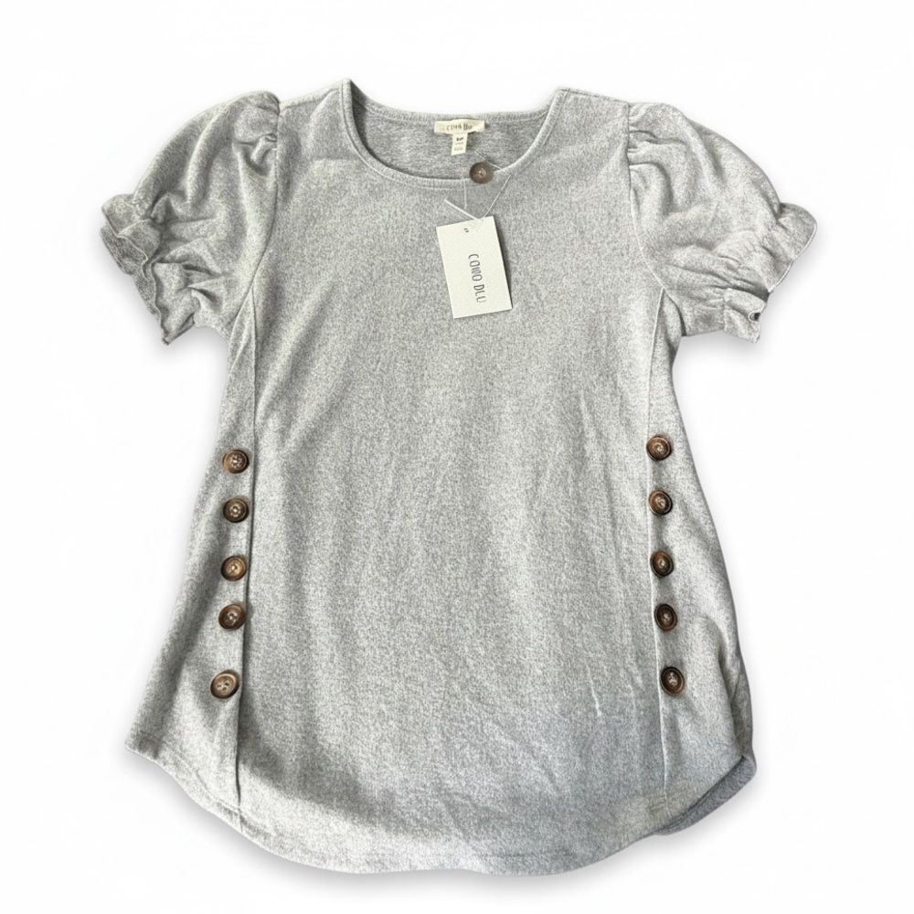 Como Blu Puff Sleeve Button Detail Top NWT Gray Knit Stretch Tee Women’s Small